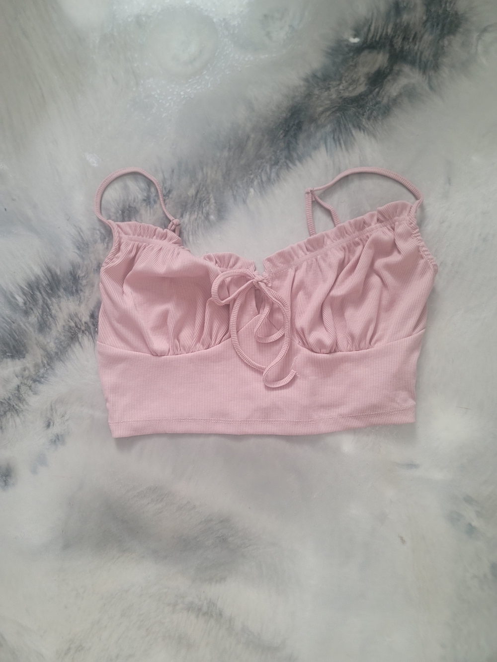Women's Pink Ribbed Tie-Front Cropped Cami Top